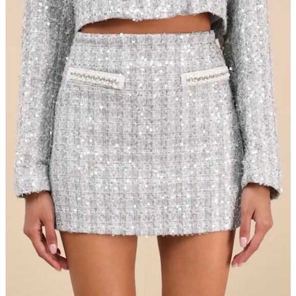 Glamorous Silver Tweed Sequin Mini Skirt Women’s LARGE. Holiday.‎ NWT. $89 MSRP - Picture 2 of 10